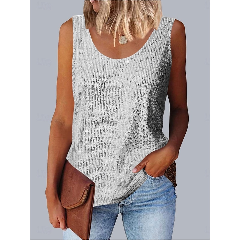 Women's Camisole Tank Top Solid Color Daily Casual Sleeveless Crew Neck Regular Tops Daily Sequins Silver Black Pink Red Summer