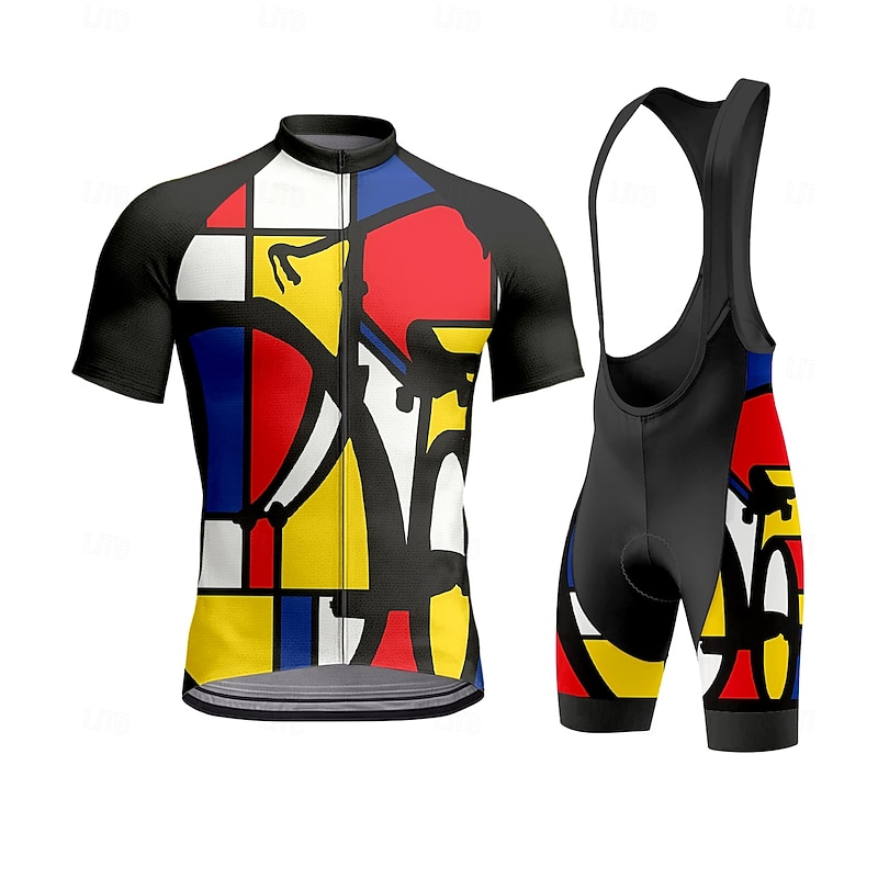 Men's Cycling Jersey with Bib Shorts Short Sleeve Red Bike Sports Graphic Geometric Plaid Checkered Clothing Apparel