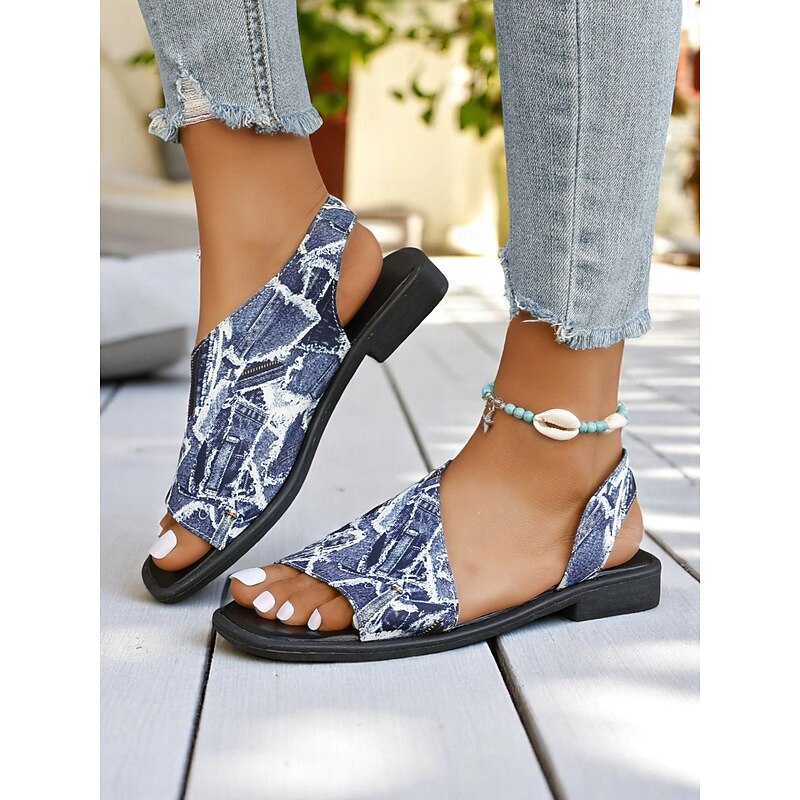 Women's Blue Abstract Denim Print Peep-Toe Sandals – Artistic Slingback Sandals for Summer Vacations, Resort & Casual Outfits2