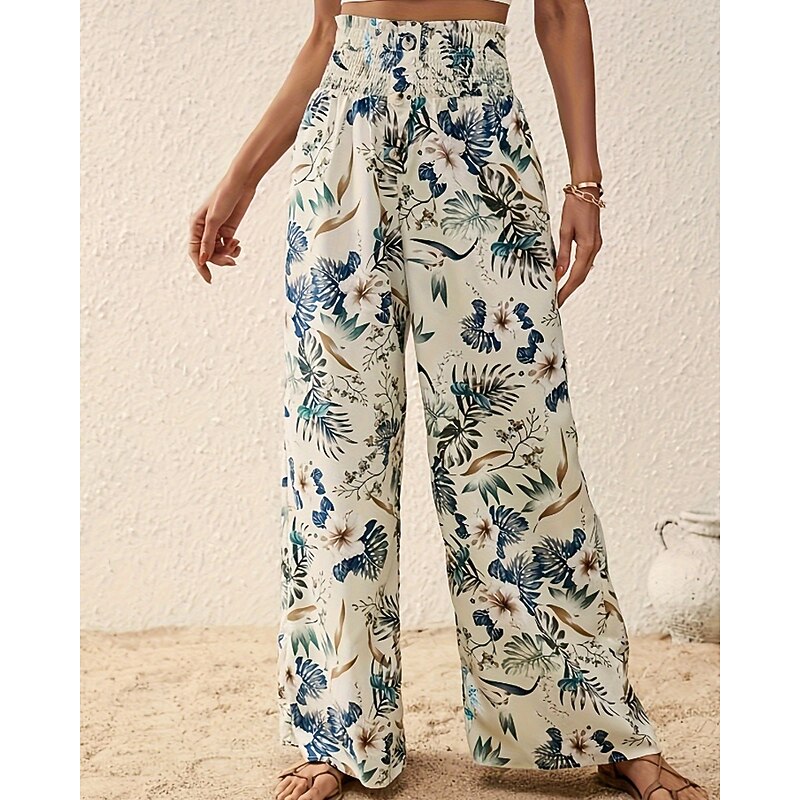 Women's Slacks Pants Trousers Fashion Boho Full Length Natural Floral Print Comfy Outdoor Comfortable Outdoor Vacation Casual Daily Apricot Light Sky Blue Pink Dark Navy Summer Regular Fit2