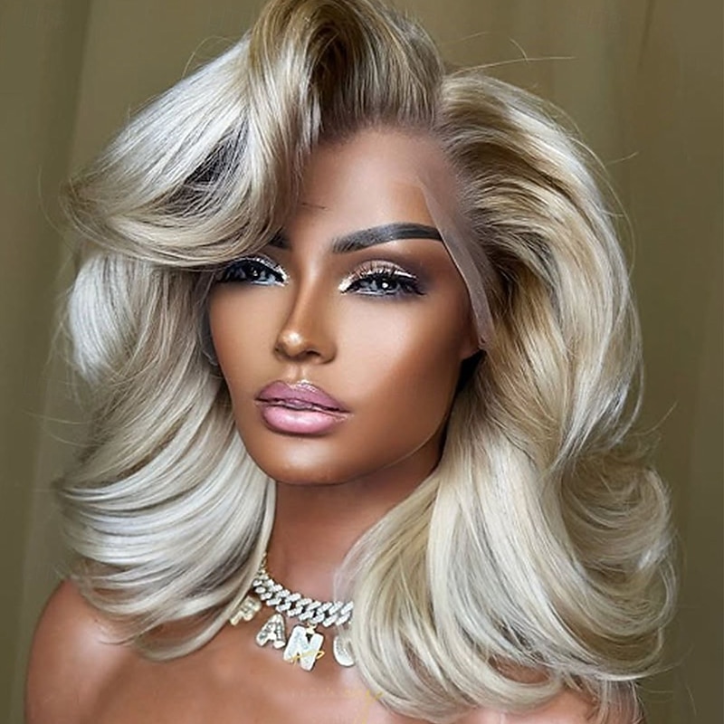 Ombre Ash Blonde Remy Human Hair 5x5 Closure Wigs Short Bob 13x4 Lace Front Wig  Brazilian Hair Wavy  Hair Natural Hairline 100% Virgin Glueless Human Hair Wigs Pre-Plucked For Women3