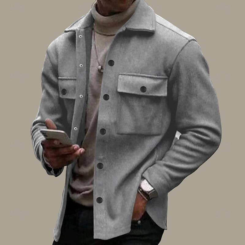 Men's Shirt Jacket Transition Jacket Daily Lightweight Pocket Spring Plain Streetwear Lapel Regular Black Light Grey Dark Gray Jacket3