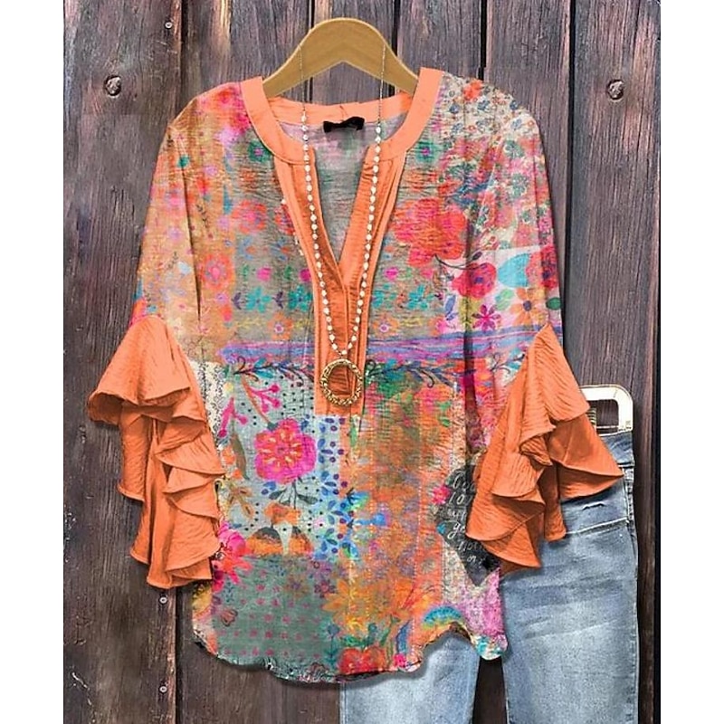 Women's Blouse V Neck Layered Ruffle Sleeve Tops Floral Graphic Striped Daily Stylish Casual 3/4 Length Sleeve Regular Tops Daily Holiday Vacation Wear Print White Blue Sky Blue Orange Green Summer3