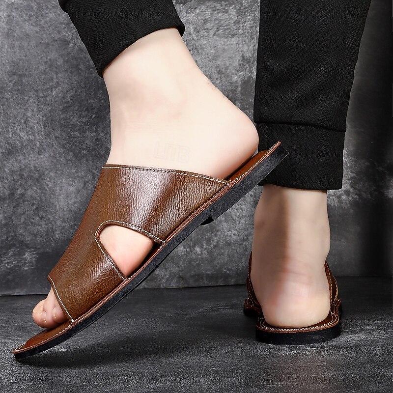 Men's Brown Faux Leather Slide Sandals with Wide Strap Soft Footbed Easy Slip-On Design for Adults Ideal for Indoor Relaxation Summer Lounge Home Comfort Wear3