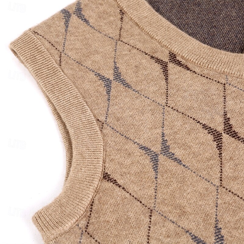 Men Sweater Vest Knit Geometric V Neck Smart Casual Formal Vacation Clothing Apparel Spring Autumn Wine Dark Green S M L4