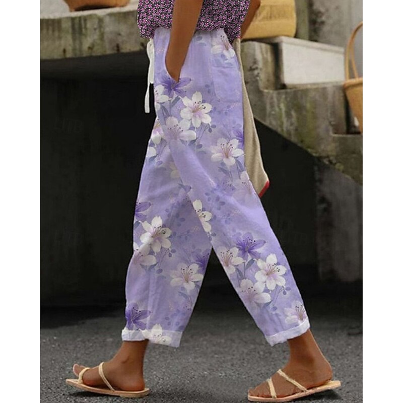 Women's Linen-Inspired Pants Cropped Pants Harem Pants Streetwear Boho Ankle-Length Mid Waist Flower Elastic Waist Breathable Comfortable Micro-elastic Outdoor Daily Wear Purple Summer Regular Fit