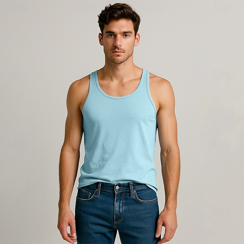Men Sleeveless Round Summer Solid Color Vacation Daily Casual Plain Outdoor Vacation Home White Light Blue Top Tee for Men2