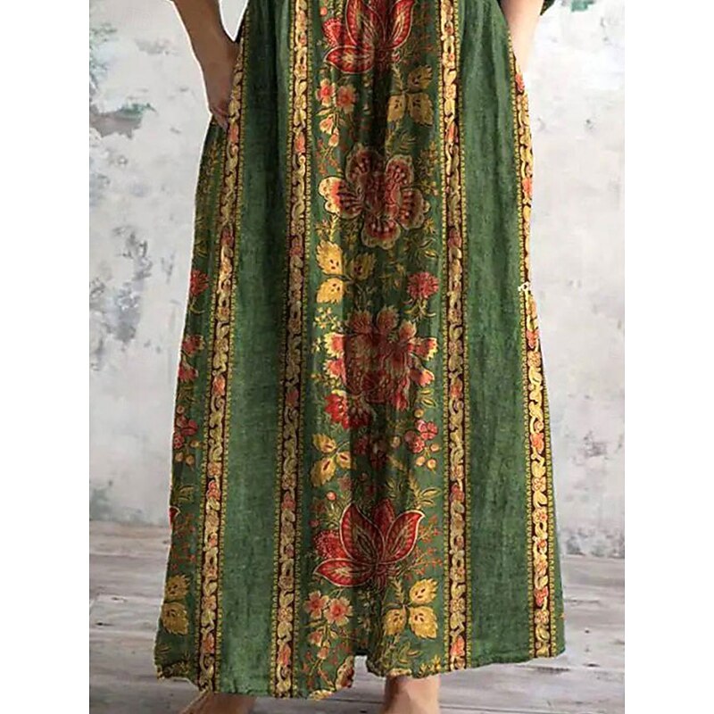 Women's Midi Dress Sundress A Line Dress Vacation Casual Boho Going out Beach Floral Graphic 3/4 Length Sleeve V Neck Green Summer Spring3