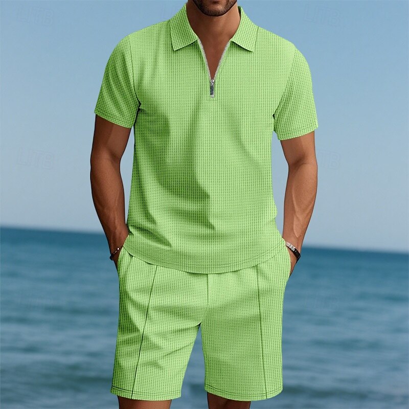 Men's Polo Shirts Quarter Zip Polo Outdoor Daily Wear Lapel Short Sleeve Fashion Hawaiian Plain 2 Piece Summer Regular Fit Black White Navy Blue Royal Blue Green Khaki Polo Shirts