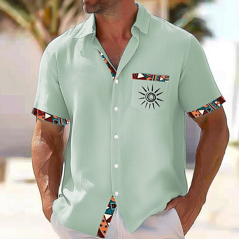 Men's Sun Tribal Ethic / African Shirt Button Up Shirt Short Sleeves Vintage Retro Casual Daily Summer Spring Turndown 3D Print Front One Pocket Linen Like Shirt Pink Blue Green Khaki3