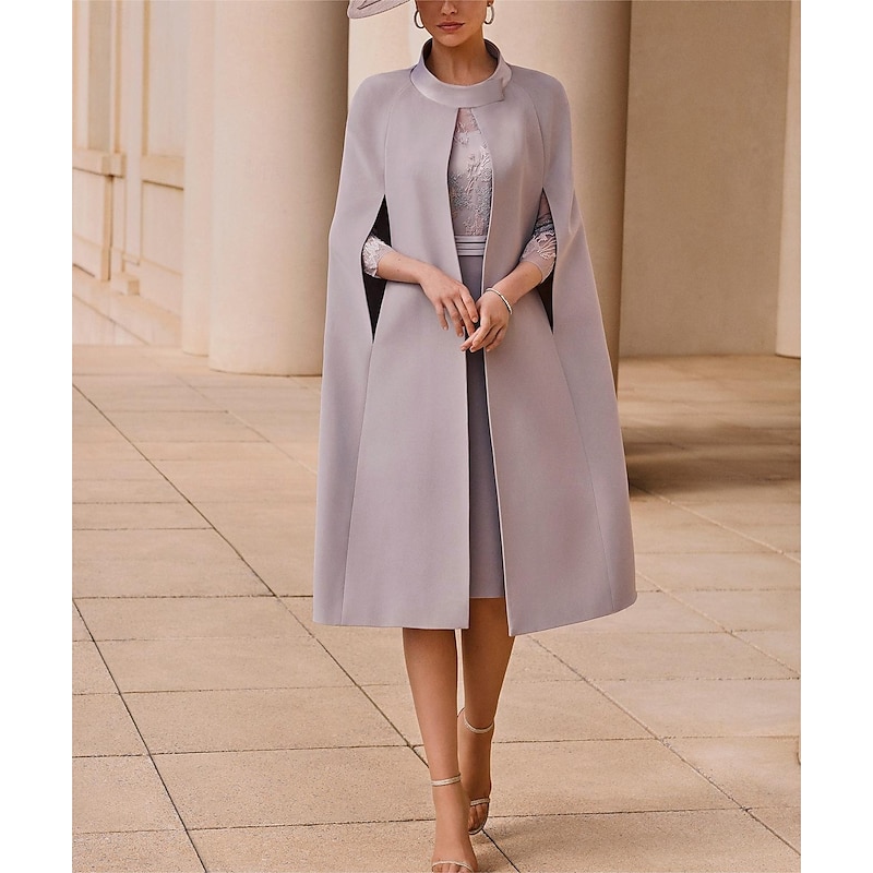 Two Piece Sheath / Column Mother of the Bride Dress Kentucky Elegant Dresses Wedding Guest Jewel Neck Tea Length Stretch Fabric 3/4 Length Sleeve with Lace Appliques Race Day Dress2