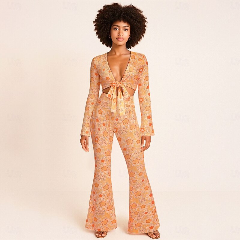 Retro Vintage 1970s Outfits Crop Top Bell Bottom Pants Hippie Bow Tie Floral Fancy Dress Women's Halloween Carnival Masquerade Party Daily Wear Adults' Top Pants Spring & Summer