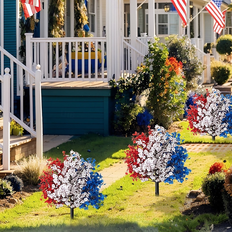 Patriotic Artificial Flower Stakes, 4th of July Red White Blue Gypsophila with Flags and Ground Picks, Memorial Day Grave and Yard Decorations for Veterans Day, Independence Day Decor2