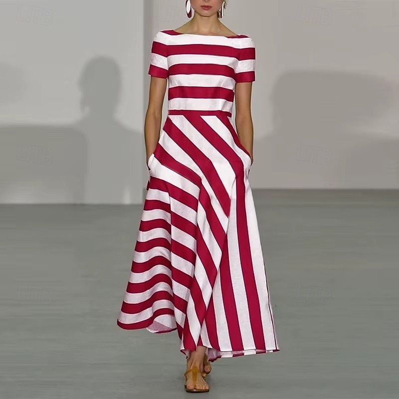 Women's Long Dress Maxi Dress Casual Dress Swing Dress Fashion Outdoor Party Holiday Regular Fit Striped Short Sleeve Off Shoulder Black Red Blue Summer3