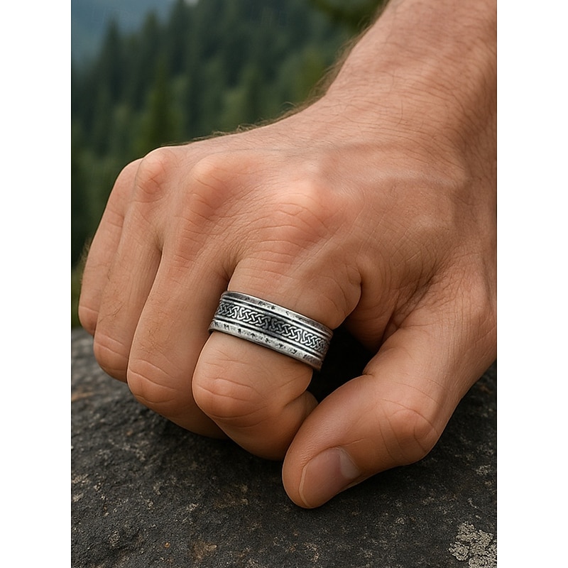 Men's Viking Stainless Steel Ring with Nordic Runes and Celtic Knot Design, Vintage Norse Style Band for Bikers and Cosplay