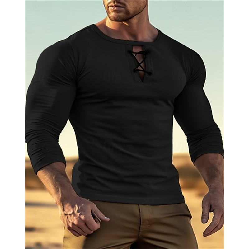Men's T Shirt Tee Tee Top Long Sleeve Shirt Long Sleeve Crew Neck Summer Spring Plain Fashion Designer Basic Lace up Vacation Street Going out Black Yellow Green Top Tee for Men2