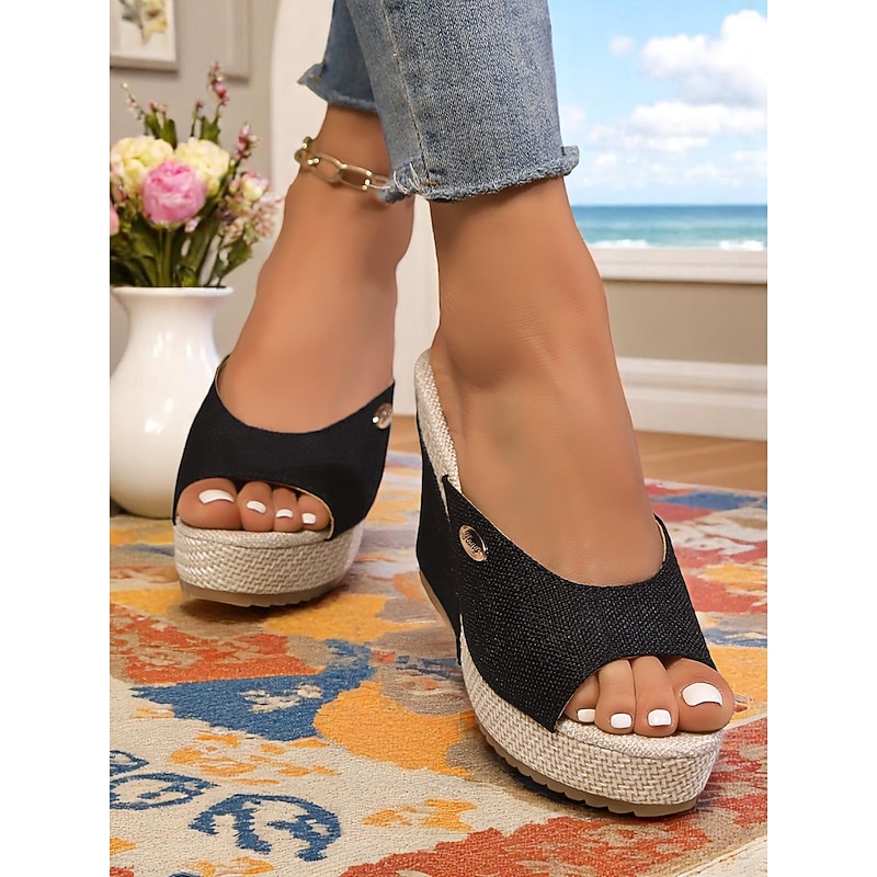 Women's Black Wedge Slide Sandals with Peep Toe – Casual Summer Espadrille Platform Shoes for Vacation and Beachwear