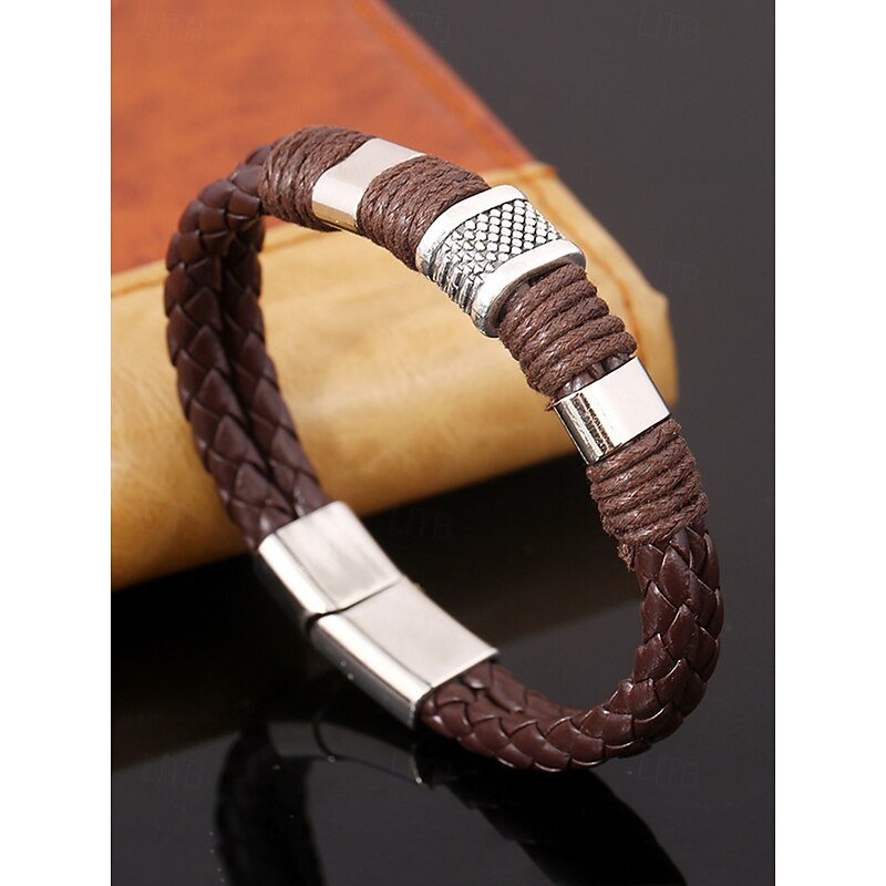 Men's Braided Faux Leather Bracelet with Stainless Steel Clasp – Vintage Style Adjustable Wristband for Casual, Daily Wear and Gifts4