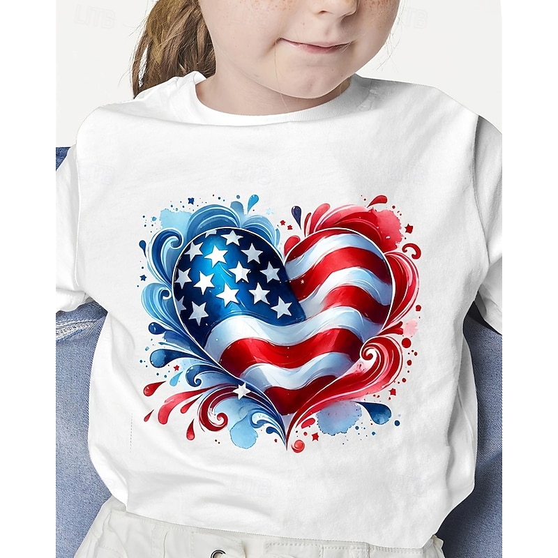100% Cotton American Independence Day Kids Girls' Black White American Flag T shirt Tee Crew Neck Short Sleeve Outdoor Vacation Daily Classic Casual Print Summer