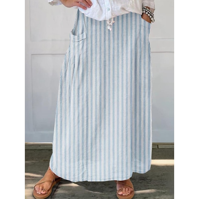 Women's Skirt A Line Bohemia Vintage Casual Maxi High Waist Skirts Striped Pocket Print Micro-elastic Street Daily Blue Brown Apricot Gray Summer Polyester Cotton Blend