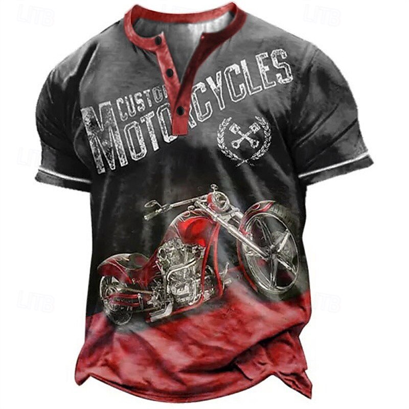 Men's Graphic Motorcycle Henley Shirt Short Sleeve 3D Print Fashion Designer Comfortable Outdoor Daily Summer Red Blue Brown Green Henley Henley T-Shirt3