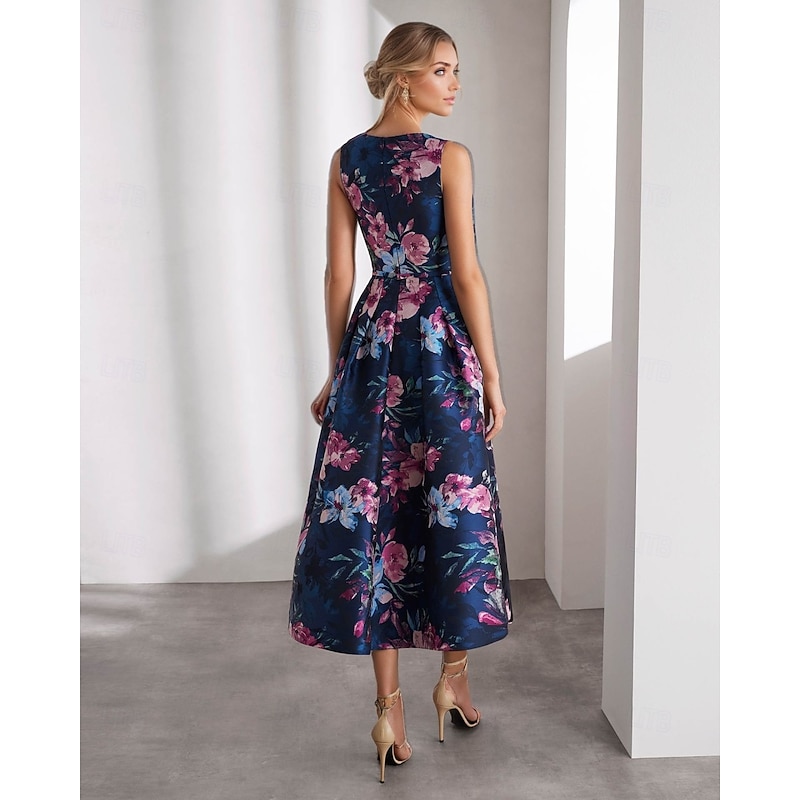 A-Line Cocktail Dresses Elegant Dress Formal Wedding Ankle Length Sleeveless Crew Neck Pocket Satin with Floral Print Pocket Wedding Guest Dress2