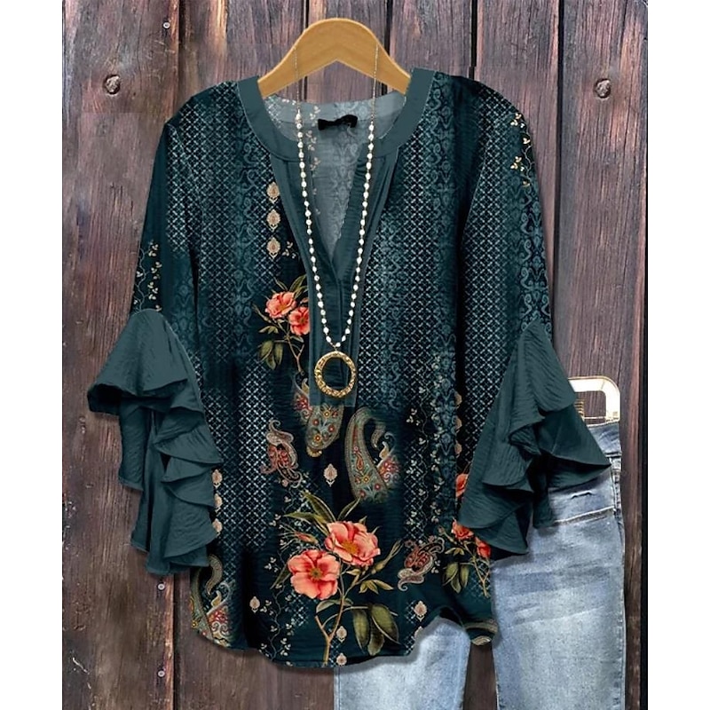 Women's Retro Blouse Layered Ruffle Sleeve Tops Vintage Floral Graphic Bohemia Vintage Daily 3/4 Length Sleeve Regular Tops Daily Holiday Vacation Wear Print White Blue Brown Summer Spring3