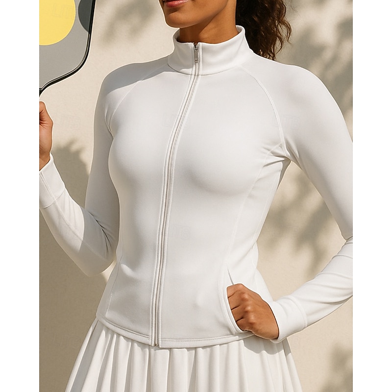 Women's Solid Colored Tennis Skirts with Shorts Tennis Sports Jacket Long Sleeve Zipper Pocket Quick Dry Breathable Tennis Pickleball Running Standing Collar Top Black White Pink Spandex Tennis