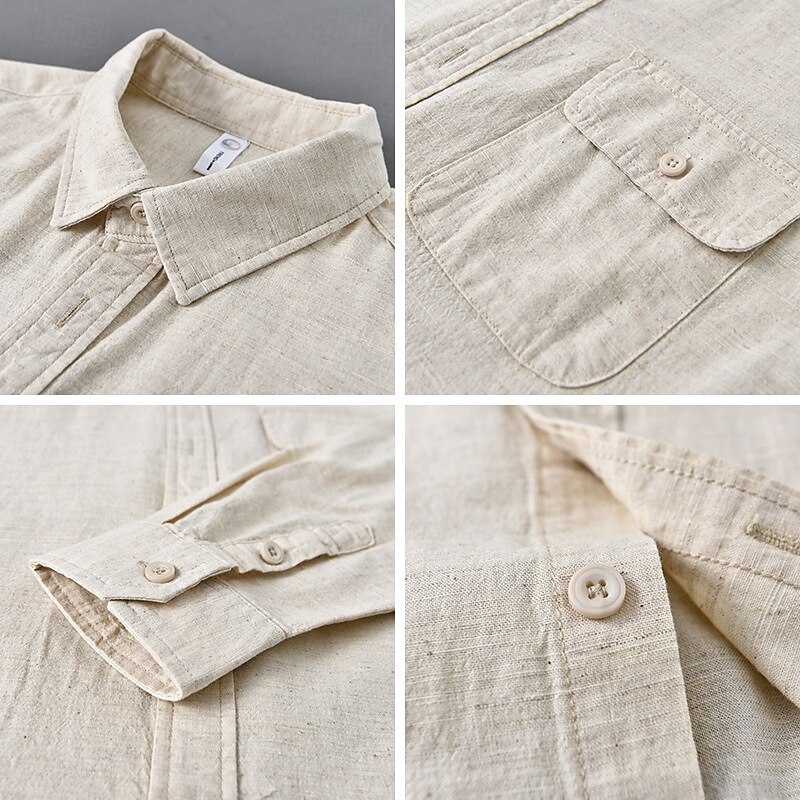 Men's Shirt Linen Shirt Casual Shirt Button Up Shirt Cotton Shirt Plain Vacation Hawaiian White Navy Blue Blue Beige Long Sleeve Lapel Spring Fall Clothing Apparel Button-Down4