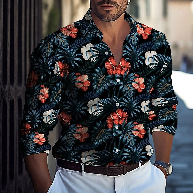 Men's Coconut Tree Tropical Plants Flowers Shirt Button Down Shirt Hawaiian Shirts Long Sleeve Hawaiian Outdoor Vacation Holiday Summer Spring Turndown 3D Print Collared Shirts Black White Pink Blue4