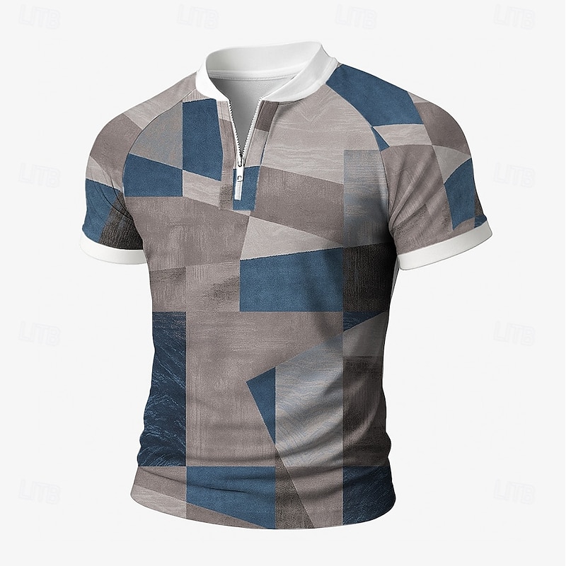 Men's Color Block Zip Polo Short Sleeve Stand Collar Business Leisure Business Athleisure Casual Daily Zipper 3D Print Summer Robin's Egg Blue