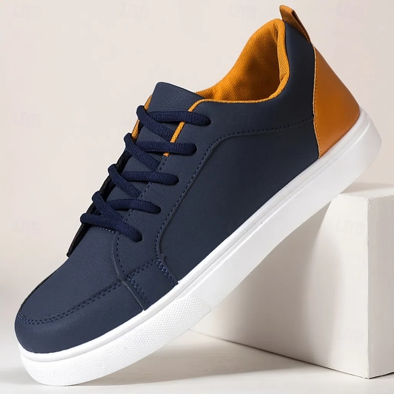 Men's Premium Navy Blue and Orange Faux Leather Sneakers with Fashionable Color Accents for Casual and Athletic Wear2