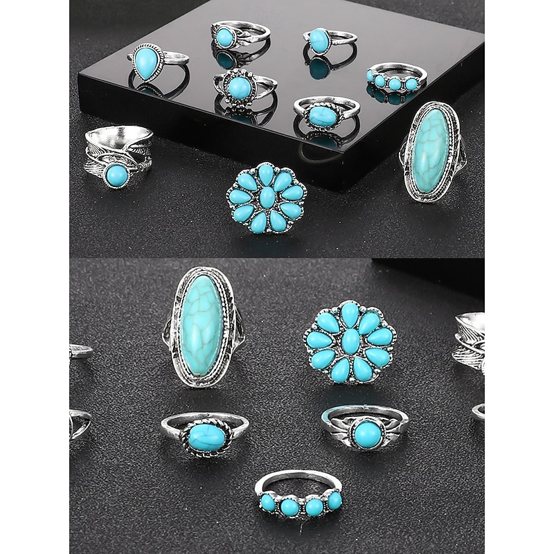 Women's Boho Turquoise Ring Set – Vintage Alloy Stackable Rings with Gemstone Accents for Western Style, Festivals or Daily Wear2