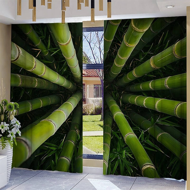2-piece set of green bamboo forest pattern curtains suitable for study kitchen living room dormitory pole bags bedroom accessories room decoration and home decoration ceiling curtains2
