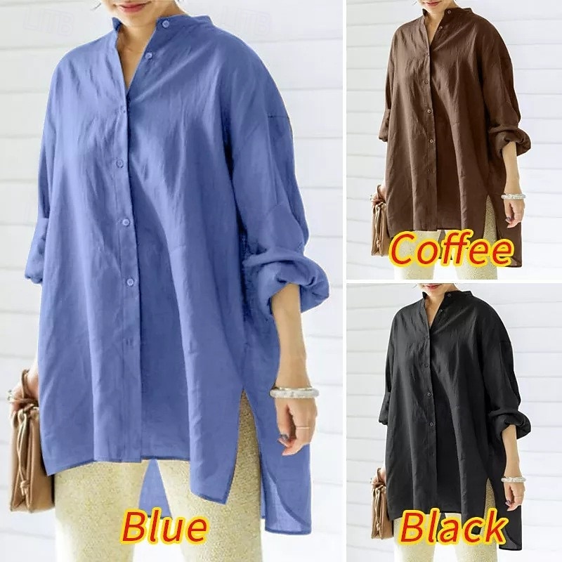 Boho Shirt Women's Black Blue Brown Solid / Plain Color Shirred Party Sports & Outdoor Active Vacation Sports Round Neck Cotton Linen Loose Fit S