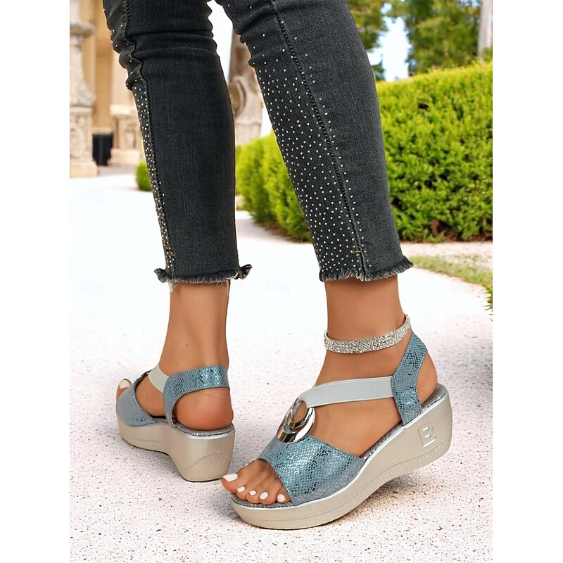 Women's Metallic Snake Print Wedge Sandals – Glamorous Open-Toe Summer Shoes with Elastic Straps for Stylish Women, Perfect for Causal Parties and Vacations3