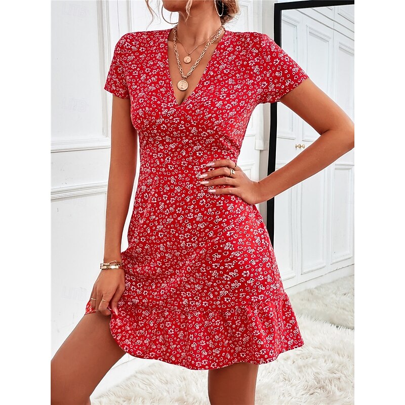 Women's Mini Dress A Line Dress Casual Outdoor Going out Standard Fit Floral Short Sleeve V Neck Black Red Blue Apricot Summer2