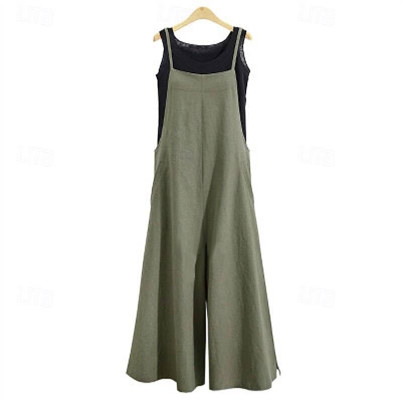 Women's Normal Cotton Linen Pants Casual Solid Color Sleeveless Wide Leg Pocket Street Daily Regular Fit Black White Wine Summer