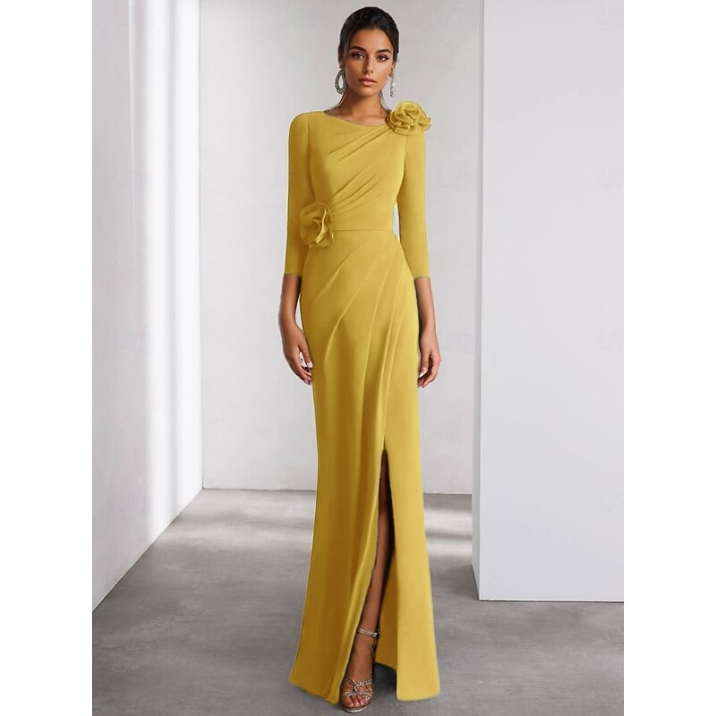 A-Line Evening Gown Elegant Dress Formal Wedding Floor Length Long Sleeve Crew Neck Detachable Stretch Crepe with Shouder Flower3