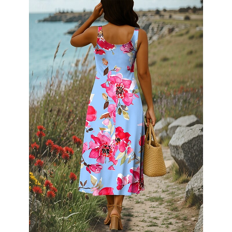 Women's Maxi Dress A Line Dress Off The Shoulder Dress Vacation Casual Beach Party Regular Fit Floral Graphic Sleeveless Square Neck Black White Blue Green Summer Spring2