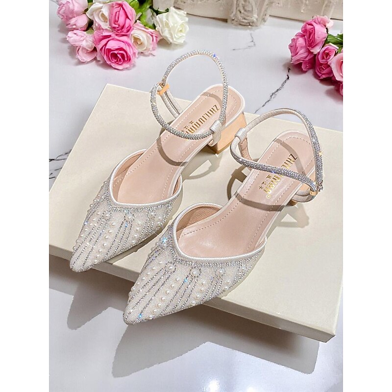 Women's Ivory Pointed Toe Block Heels with Pearl and Rhinestone Embellishments – Elegant Ankle Strap Pumps for Cocktail Parties and Formal Events2