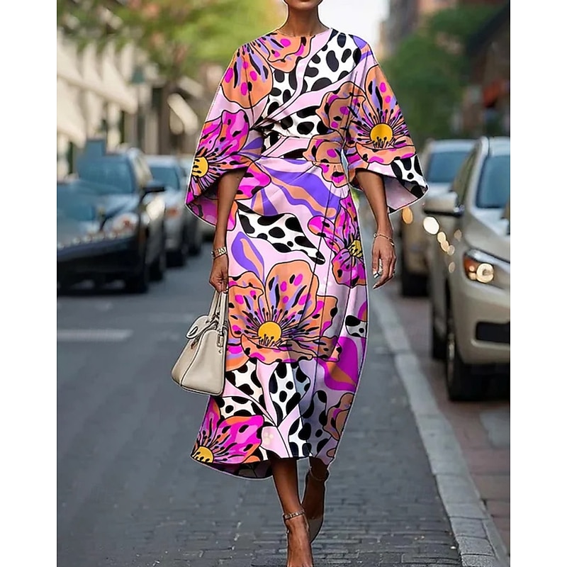 Women's Midi Dress Floral Dress Print Dress Elegant Fashion Outdoor Vacation Going out Regular Fit Flower Half Sleeve Crew Neck Light Purple Purple Fuchsia Summer2