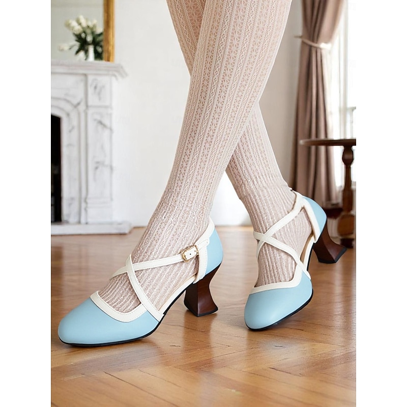 Women's Light Blue 1920s Vintage Gatsby Crisscross Strap Heels-Retro Style Faux Leather Pumps with Flared Heels for Office, Parties & Inspired Looks3