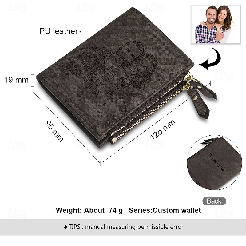 Personalized Photo Engraved Leather Wallet Custom Best Gift for Dad, Custom Text on Back, Black Leather, Valentine's Day, Father's Day, Birthday, Anniversary, Christmas Gift for Him3