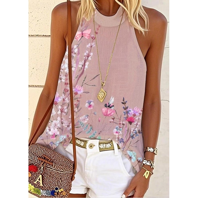 Women's Tank Top Floral Graphic Daily Casual Sleeveless Halter Neck Regular Tops Daily Print Pink Blue Green Summer Spring2
