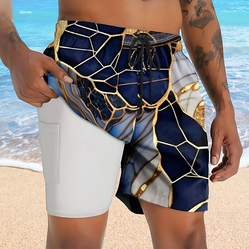 Men's Geometric Marble Abstract Art Lined Shorts 2 in 1 Board Shorts Swim Shorts Mid Waist Hawaiian Vacation Holiday Beach Wear Side Pockets With Compression Liner Elastic Drawstring Waist Designer3