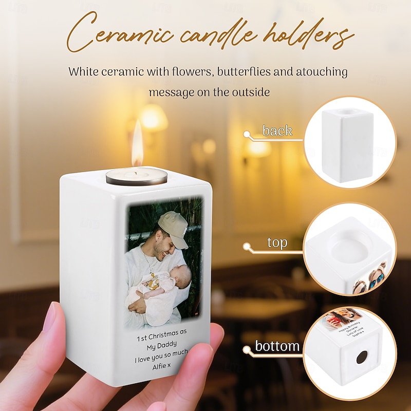 Personalized Ceramic Memorial Candle Holder Custom Photo Name Year, Wedding Gift Keepsake Gift for Dad Mom Lover Pet, Remembrance for Birthday Anniversary Christmas Valentine's Day2