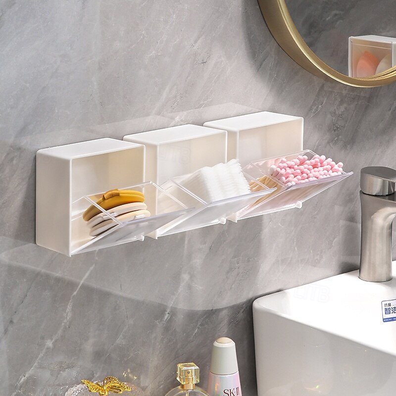 Wall-Mounted Flip Storage Boxes for Bathroom, No-Drill Makeup Organizer for Cotton Swabs, Hair Ties, Lipsticks, Ideal for Vanity, Bathroom, and Living Room3