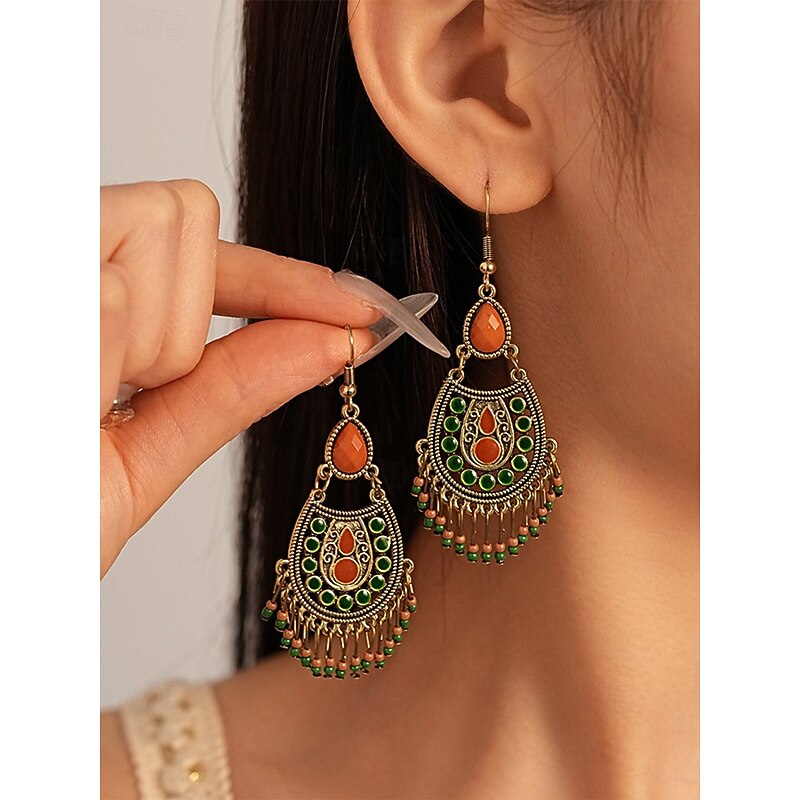 Women's Bohemian Teardrop Dangle Earrings – Vintage Tribal Style with Beaded Fringe, Lightweight Statement Jewelry for Parties and Festivals2