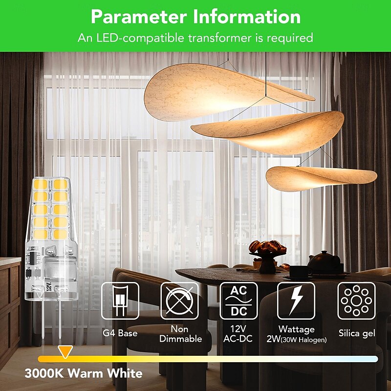 10 Pcs G4 LED bulbs 2W equivalent 30W 3000K warm white 250 lumens 360 degrees beam angle AC/DC 12V-24V outdoor landscape lighting G4 dual pin base 20 LED beads4